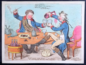 God Save the King - i en kofanger eller en aftenscene tre gange om ugen i Wimbleton, udgivet af Hannah Humphrey i 1795 (håndfarvet radering)